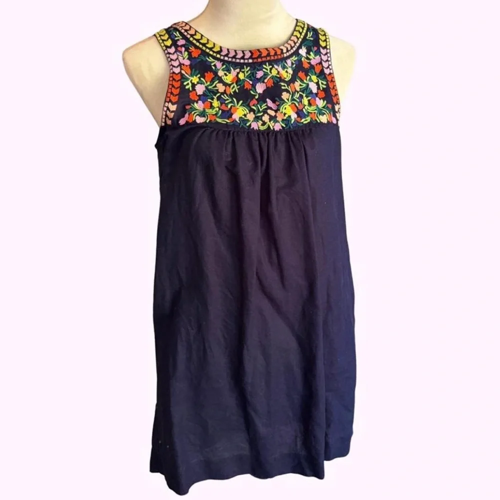J Crew Navy Blue Floral Embroidered Linen Cotton Blend Shift Dress - Size 2 - Picture 1 of 8